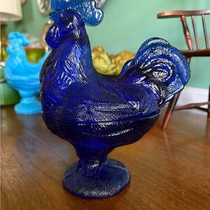 Vintage Cobalt Blue Glass Rooster Candy Dish